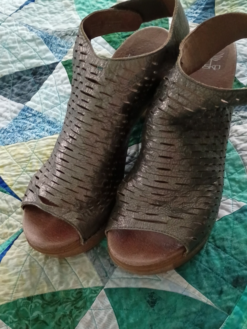 Dansko Metallic Brown Woven Peep-Toe Clogs
